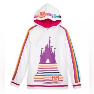 Disney Parks | Disney World Castle Rainbow Stripe White Hoodie Sweatshirt